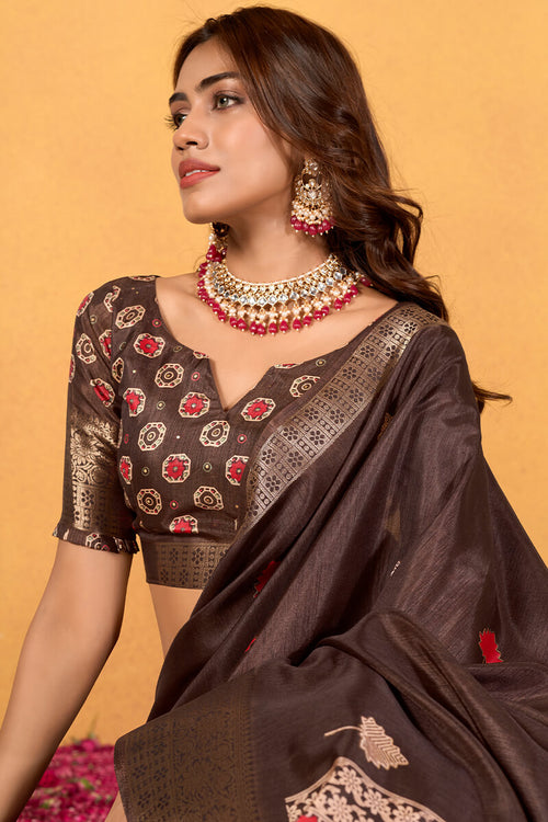 Load image into Gallery viewer, Dissemble Brown Foil Printed Dola Silk Saree With Lassitude Blouse Piece
