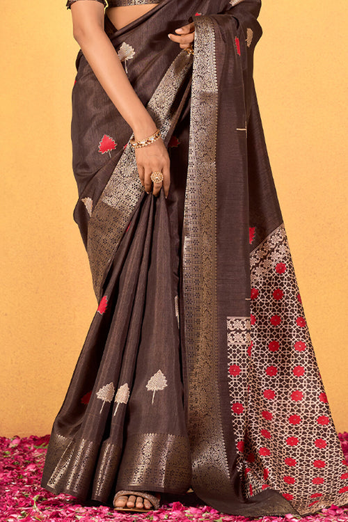 Load image into Gallery viewer, Dissemble Brown Foil Printed Dola Silk Saree With Lassitude Blouse Piece
