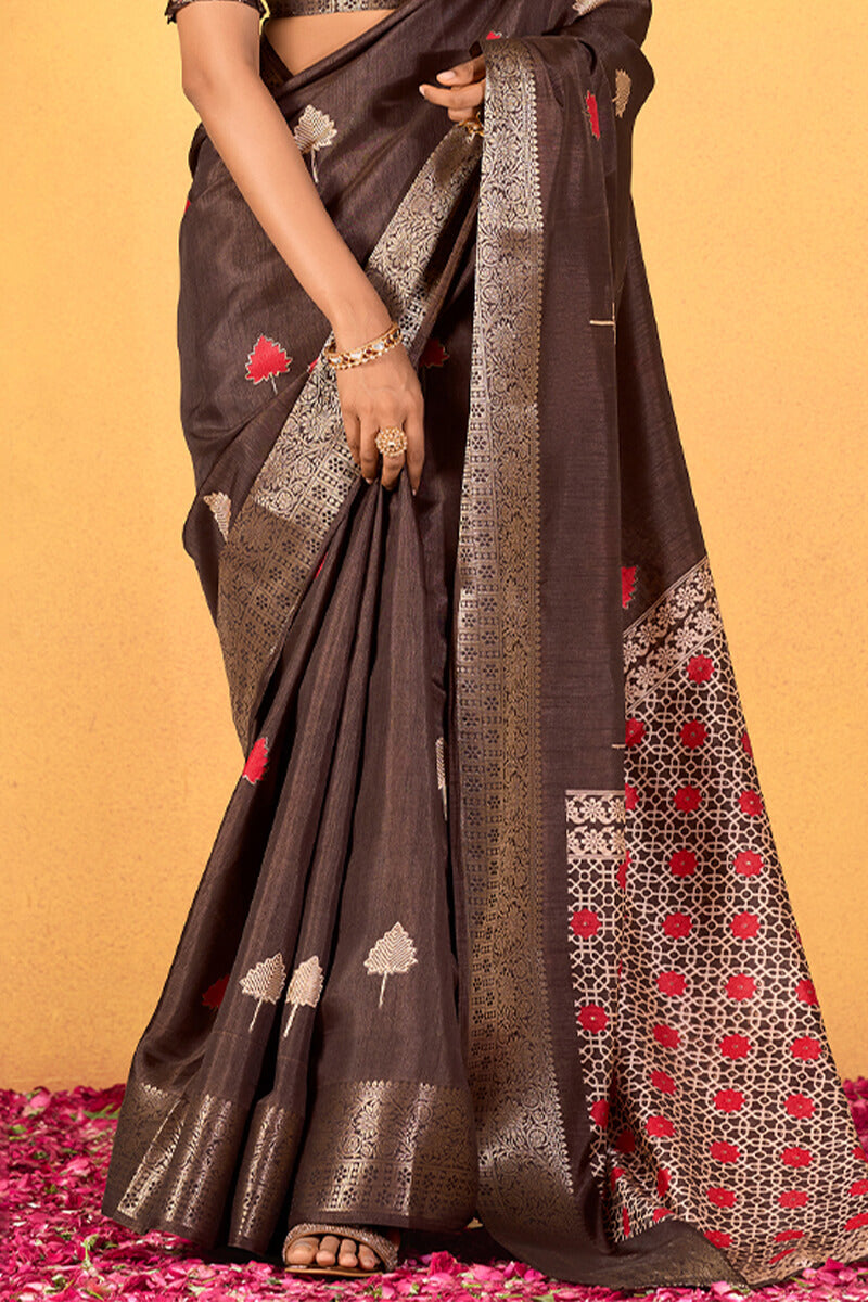 Dissemble Brown Foil Printed Dola Silk Saree With Lassitude Blouse Piece