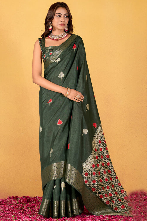 Load image into Gallery viewer, Imbrication Dark Green Foil Printed Dola Silk Saree With Susurrous Blouse Piece
