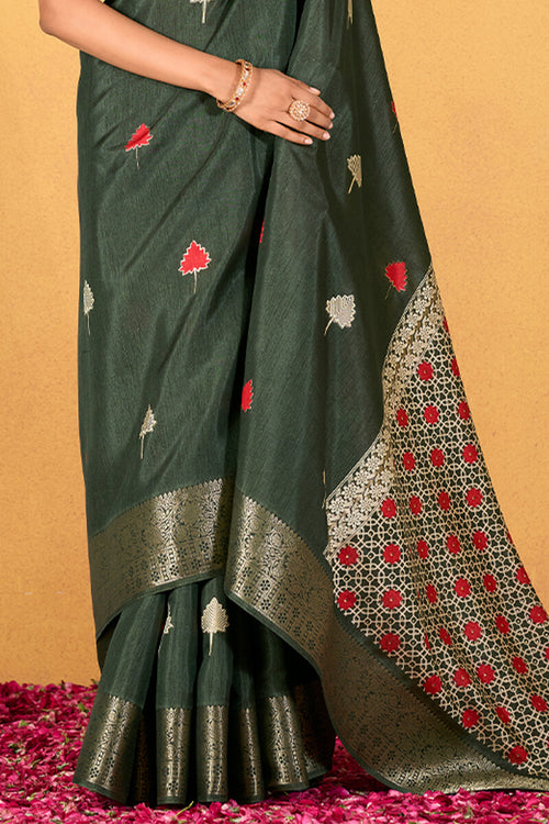 Load image into Gallery viewer, Imbrication Dark Green Foil Printed Dola Silk Saree With Susurrous Blouse Piece
