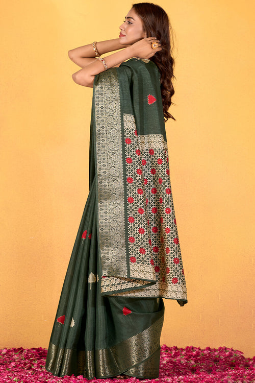 Load image into Gallery viewer, Imbrication Dark Green Foil Printed Dola Silk Saree With Susurrous Blouse Piece
