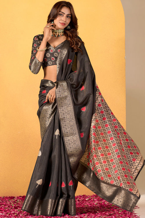 Load image into Gallery viewer, Denouement Black Foil Printed Dola Silk Saree With Snazzy Blouse Piece
