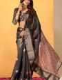 Denouement Black Foil Printed Dola Silk Saree With Snazzy Blouse Piece