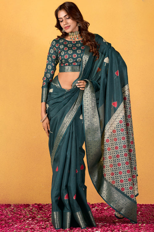 Load image into Gallery viewer, Snappy Rama Foil Printed Dola Silk Saree With Transcendent Blouse Piece
