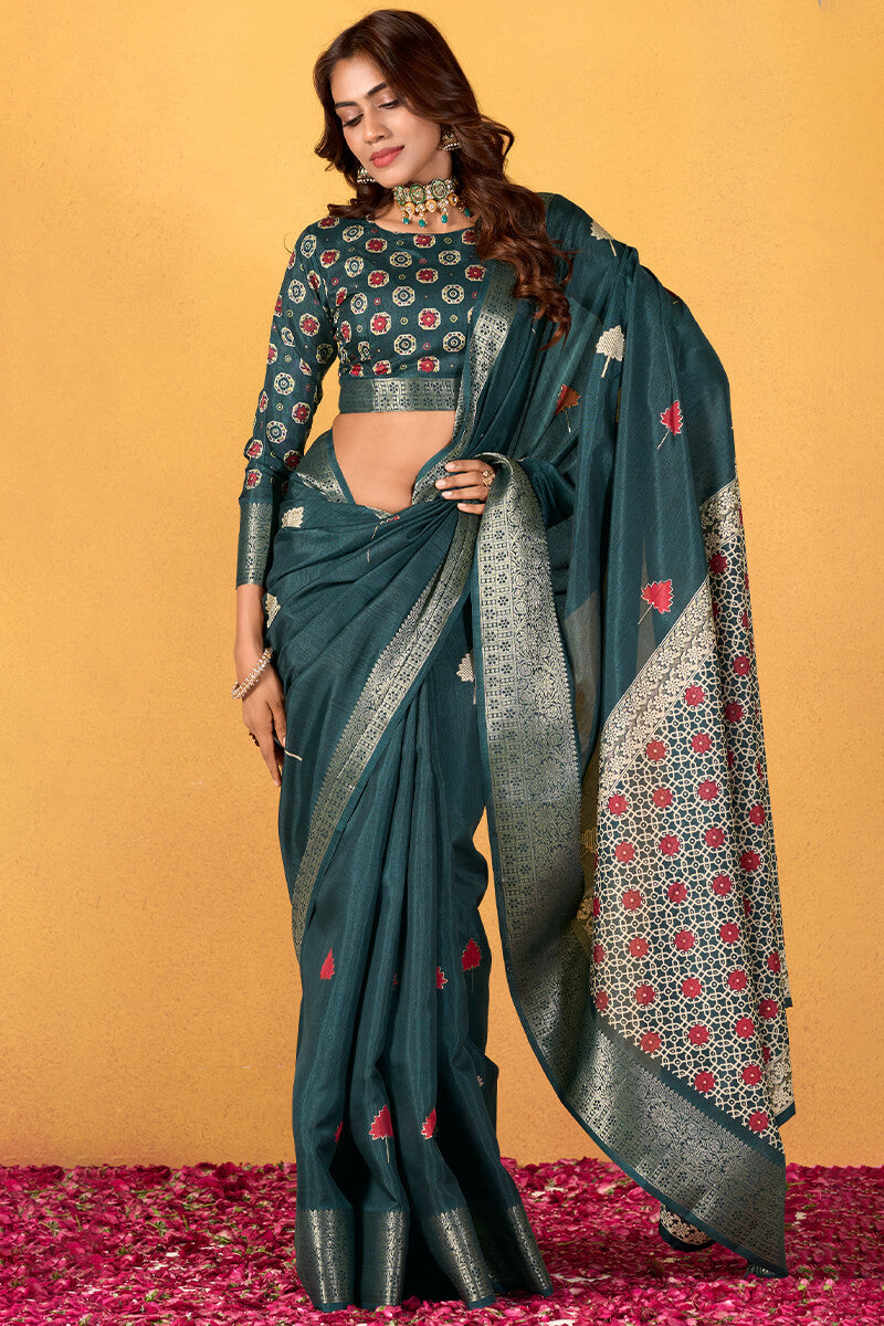 Snappy Rama Foil Printed Dola Silk Saree With Transcendent Blouse Piece