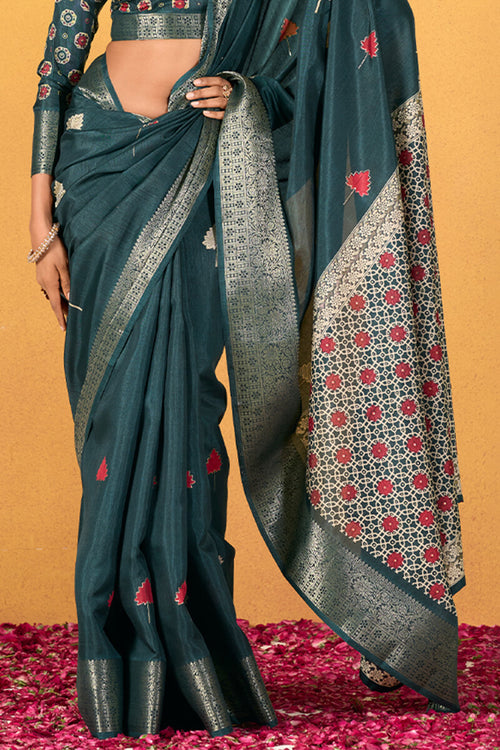 Load image into Gallery viewer, Snappy Rama Foil Printed Dola Silk Saree With Transcendent Blouse Piece
