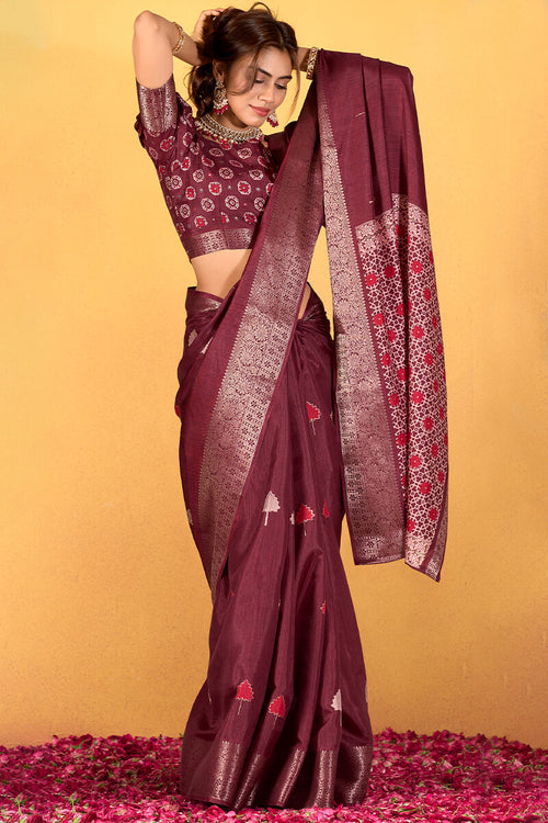 Load image into Gallery viewer, Elaborate Wine Foil Printed Dola Silk Saree With Unequalled Blouse Piece
