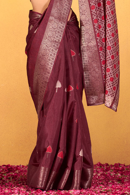 Load image into Gallery viewer, Elaborate Wine Foil Printed Dola Silk Saree With Unequalled Blouse Piece
