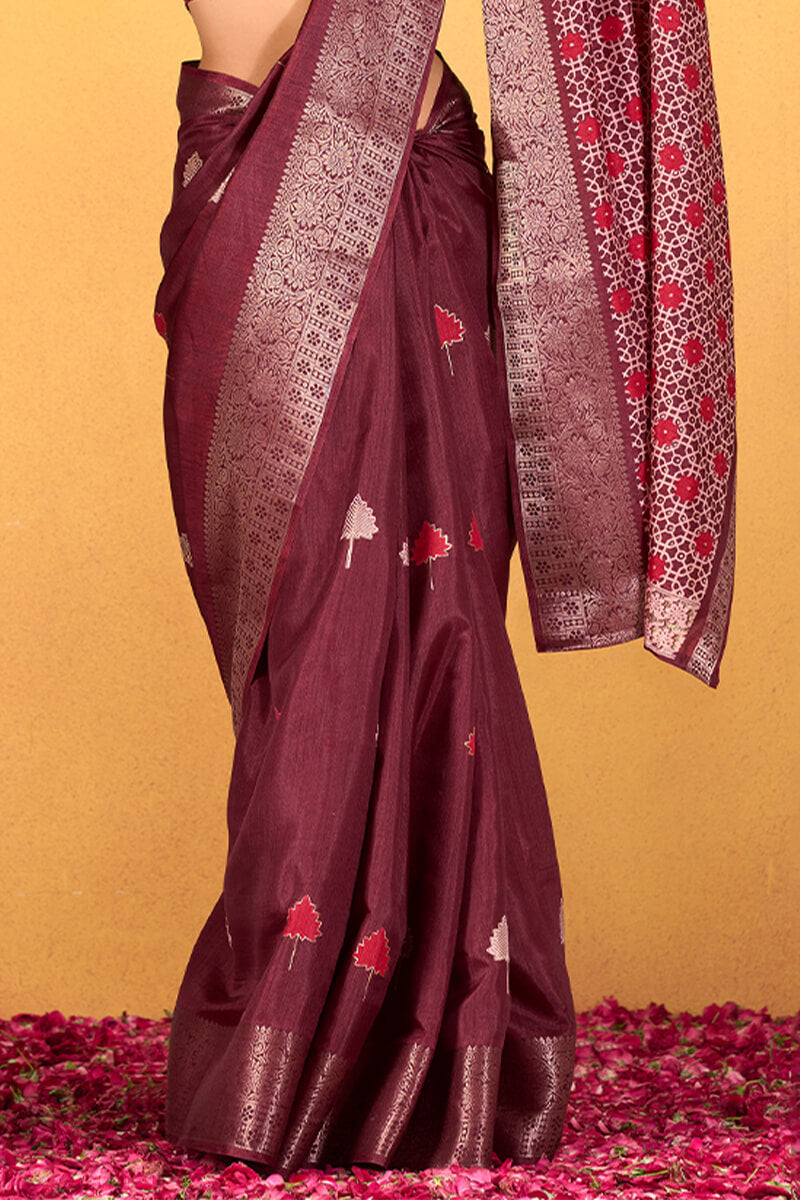 Elaborate Wine Foil Printed Dola Silk Saree With Unequalled Blouse Piece