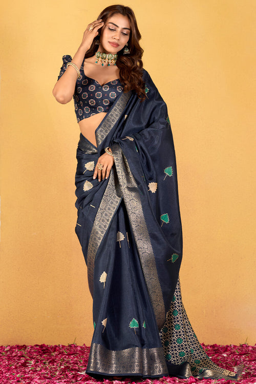 Load image into Gallery viewer, Confounding Navy Blue Foil Printed Dola Silk Saree With Ratatouille Blouse Piece
