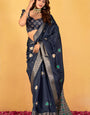 Confounding Navy Blue Foil Printed Dola Silk Saree With Ratatouille Blouse Piece