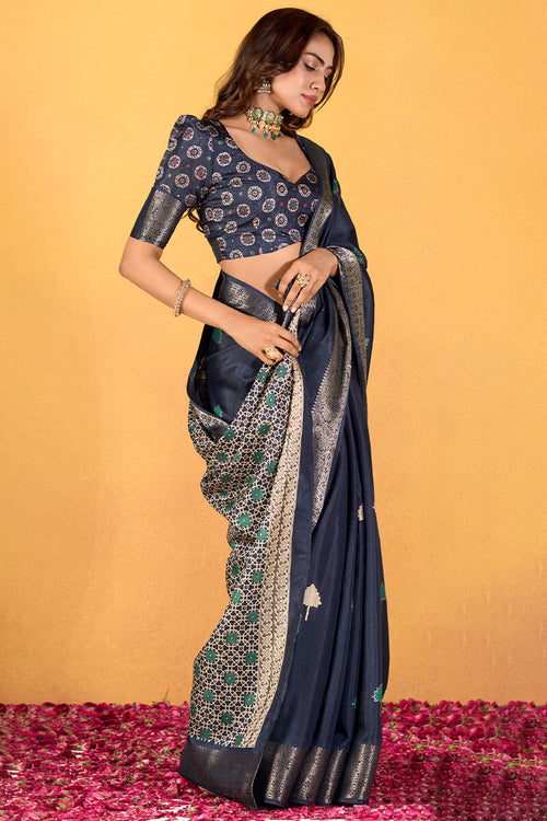 Load image into Gallery viewer, Confounding Navy Blue Foil Printed Dola Silk Saree With Ratatouille Blouse Piece
