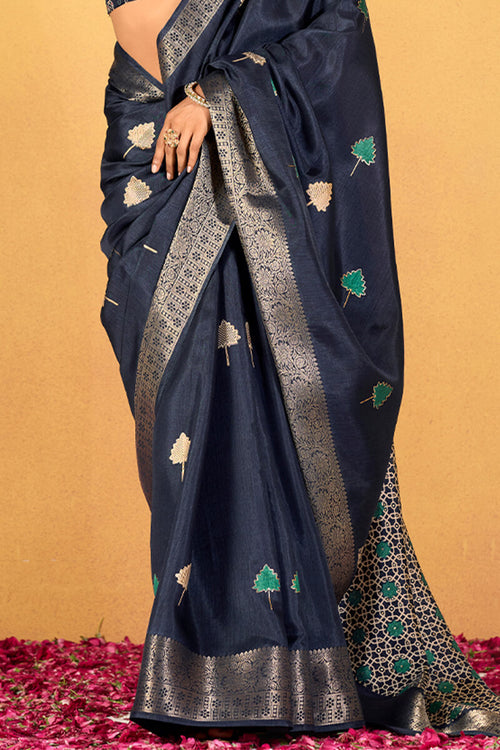 Load image into Gallery viewer, Confounding Navy Blue Foil Printed Dola Silk Saree With Ratatouille Blouse Piece
