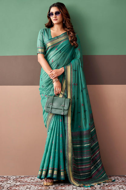 Glittering Sea Green Cotton Silk Saree With Desirable Blouse Piece