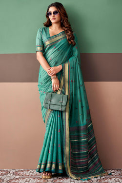 Glittering Sea Green Cotton Silk Saree With Desirable Blouse Piece