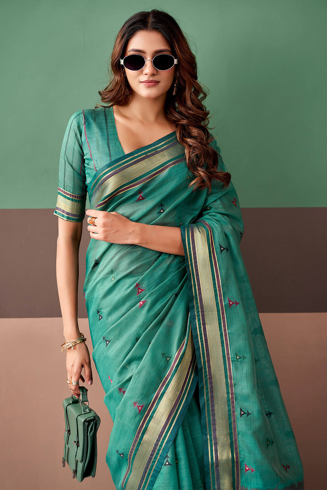 Glittering Sea Green Cotton Silk Saree With Desirable Blouse Piece