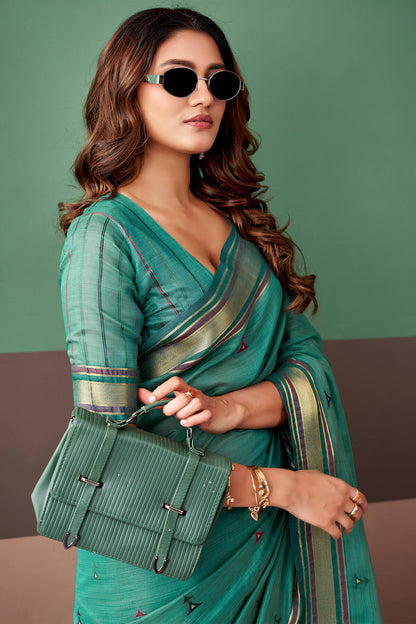 Glittering Sea Green Cotton Silk Saree With Desirable Blouse Piece