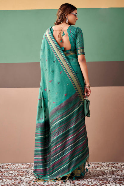 Glittering Sea Green Cotton Silk Saree With Desirable Blouse Piece