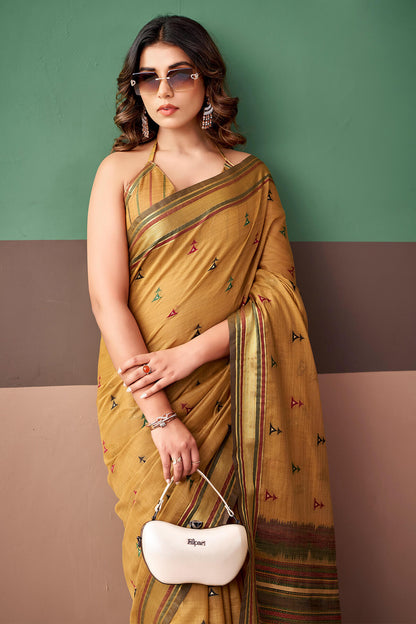 Blissful Mustard Cotton Silk Saree With Flaunt Blouse Piece