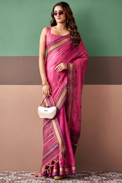 Desultory Pink Cotton Silk Saree With Winsome Blouse Piece