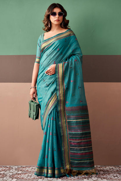 Woebegone Rama Cotton Silk Saree With Adorable Blouse Piece