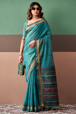 Woebegone Rama Cotton Silk Saree With Adorable Blouse Piece
