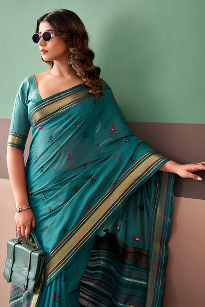 Woebegone Rama Cotton Silk Saree With Adorable Blouse Piece
