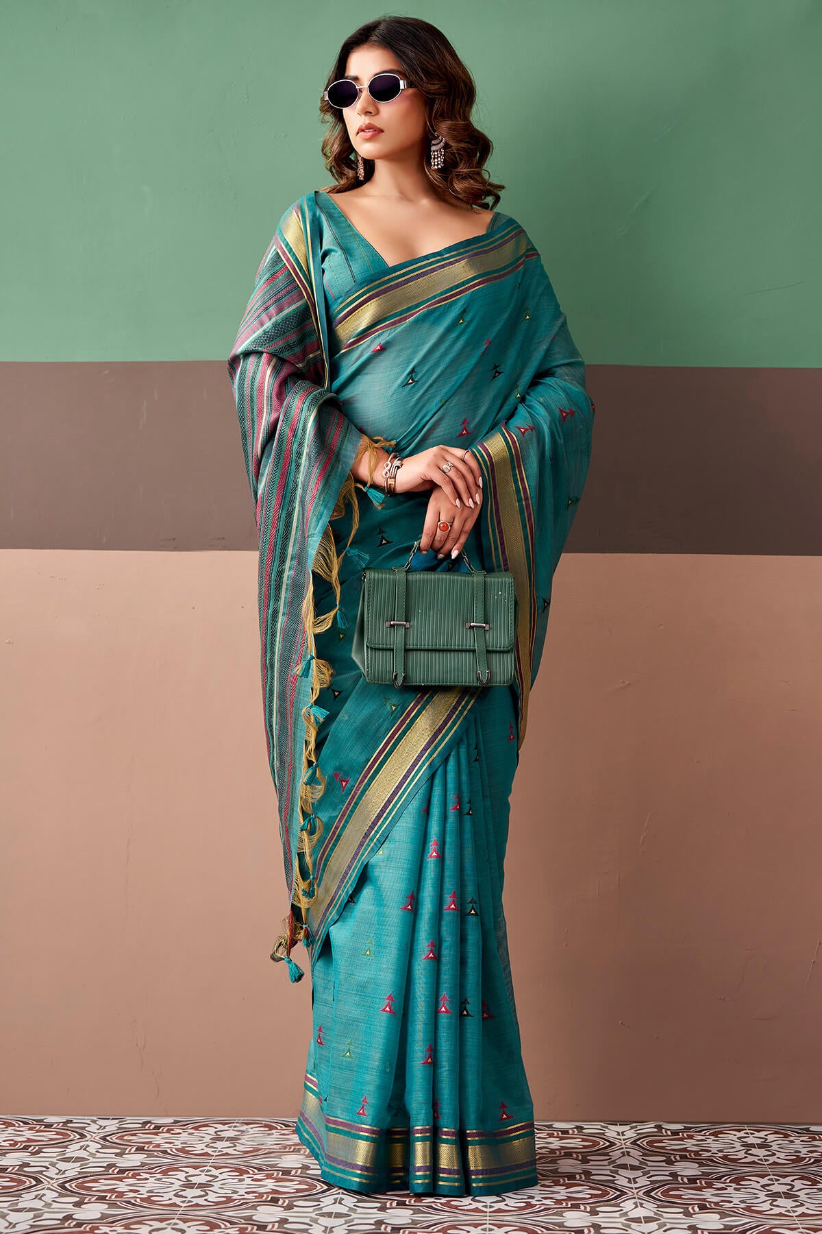 Woebegone Rama Cotton Silk Saree With Adorable Blouse Piece