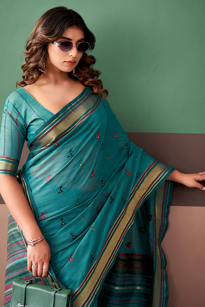 Woebegone Rama Cotton Silk Saree With Adorable Blouse Piece