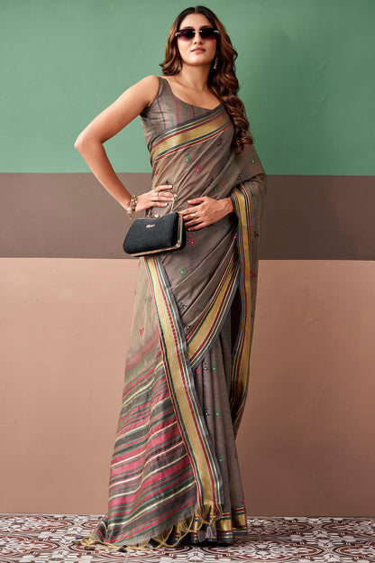 Girlish Brown Cotton Silk Saree With Vestigial Blouse Piece