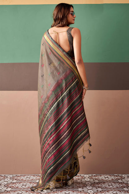 Girlish Brown Cotton Silk Saree With Vestigial Blouse Piece