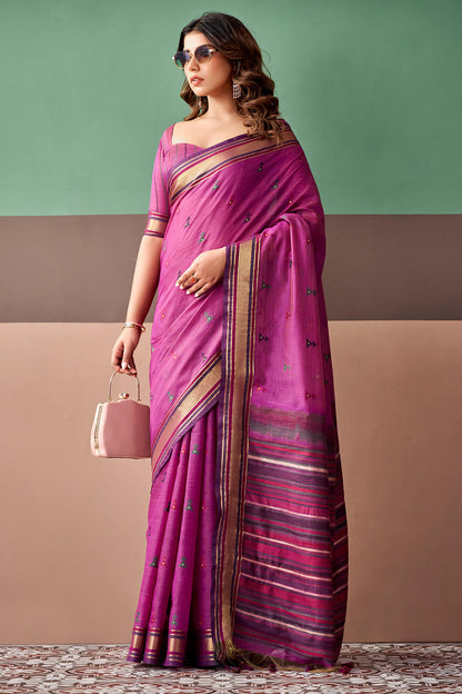 Exceptional Dark Pink Cotton Silk Saree With Designer Blouse Piece