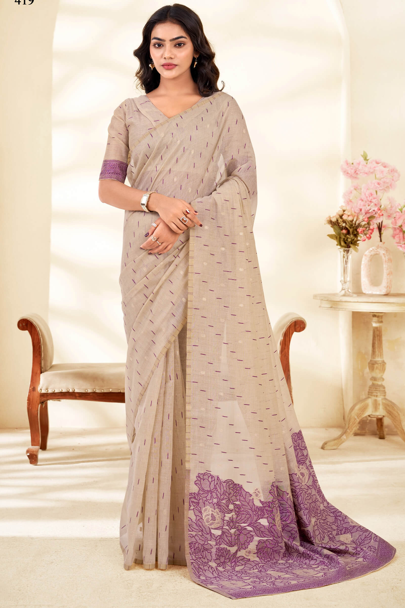 Stunner Beige Pure Munga Cotton Saree With Beleaguer Blouse Piece ...