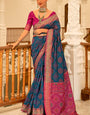 Intricate Navy Blue Patola Silk Saree with Adorning Blouse Piece