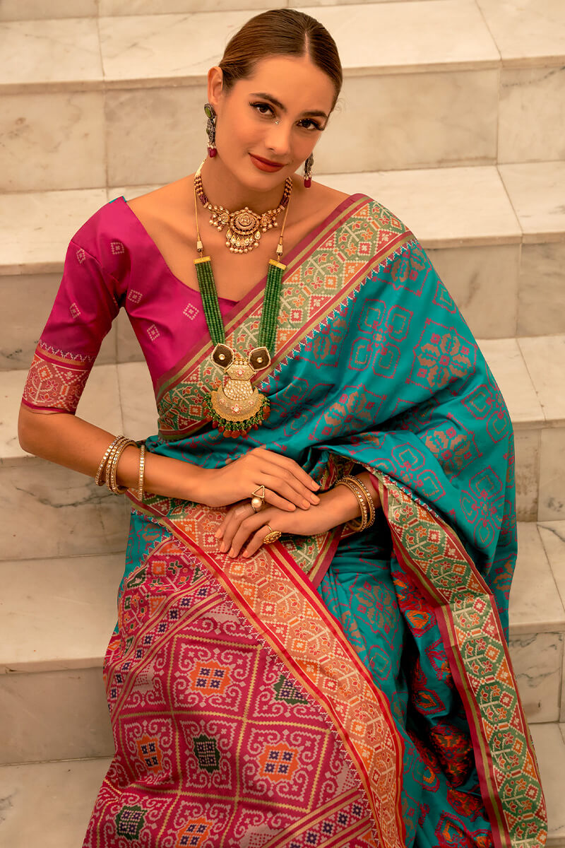 Classy Rama Patola Silk Saree with Skinny Blouse Piece