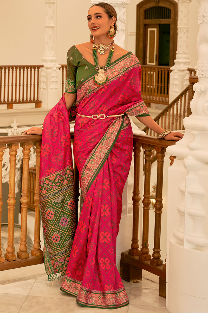 Radiant Dark Pink Patola Silk Saree with Prominent Blouse Piece