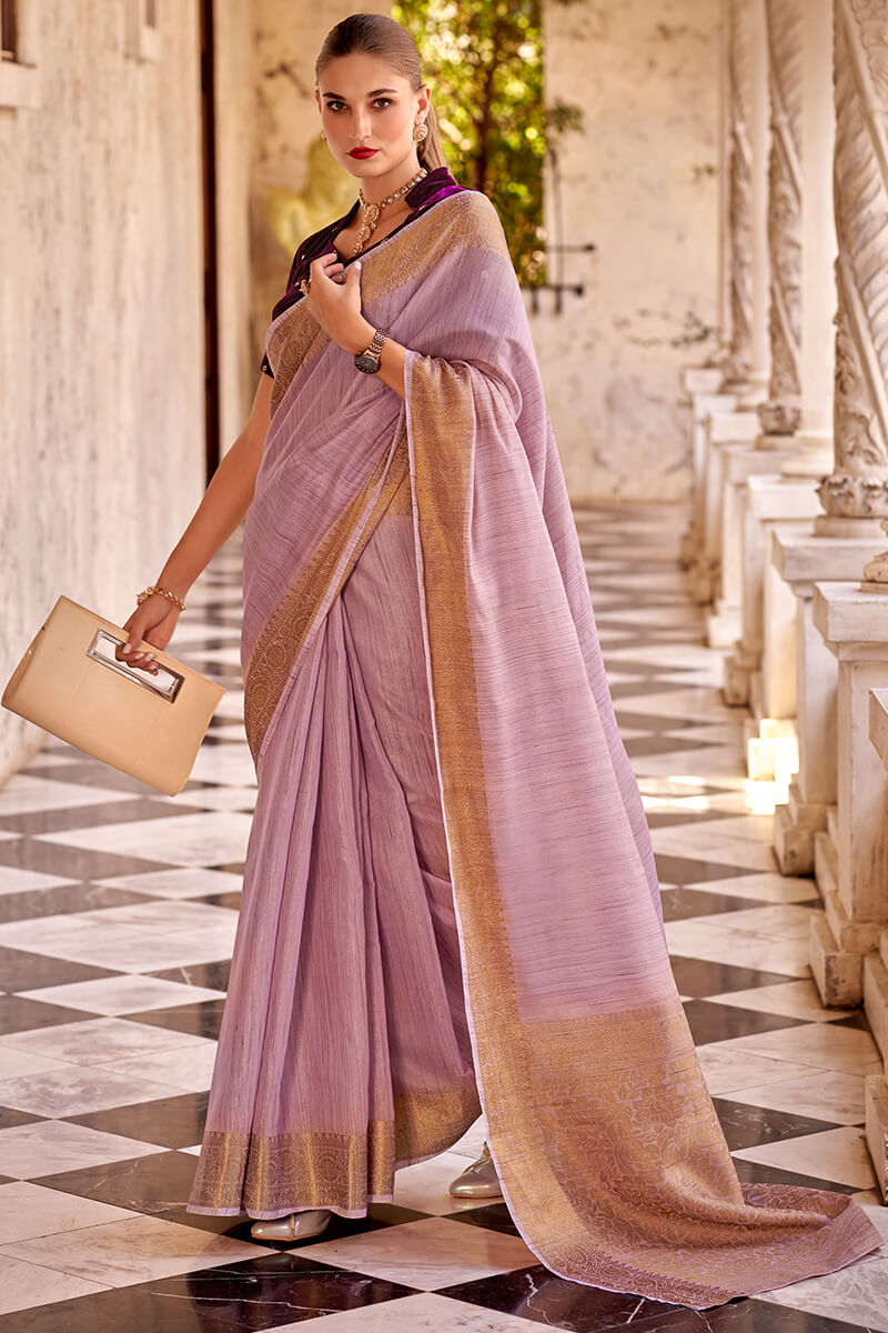 Demanding Lavender Cotton Silk Saree With Groovy Blouse Piece