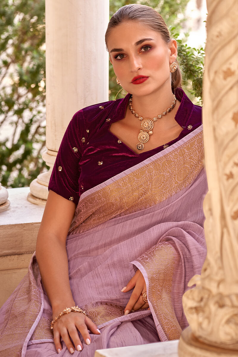 Demanding Lavender Cotton Silk Saree With Groovy Blouse Piece