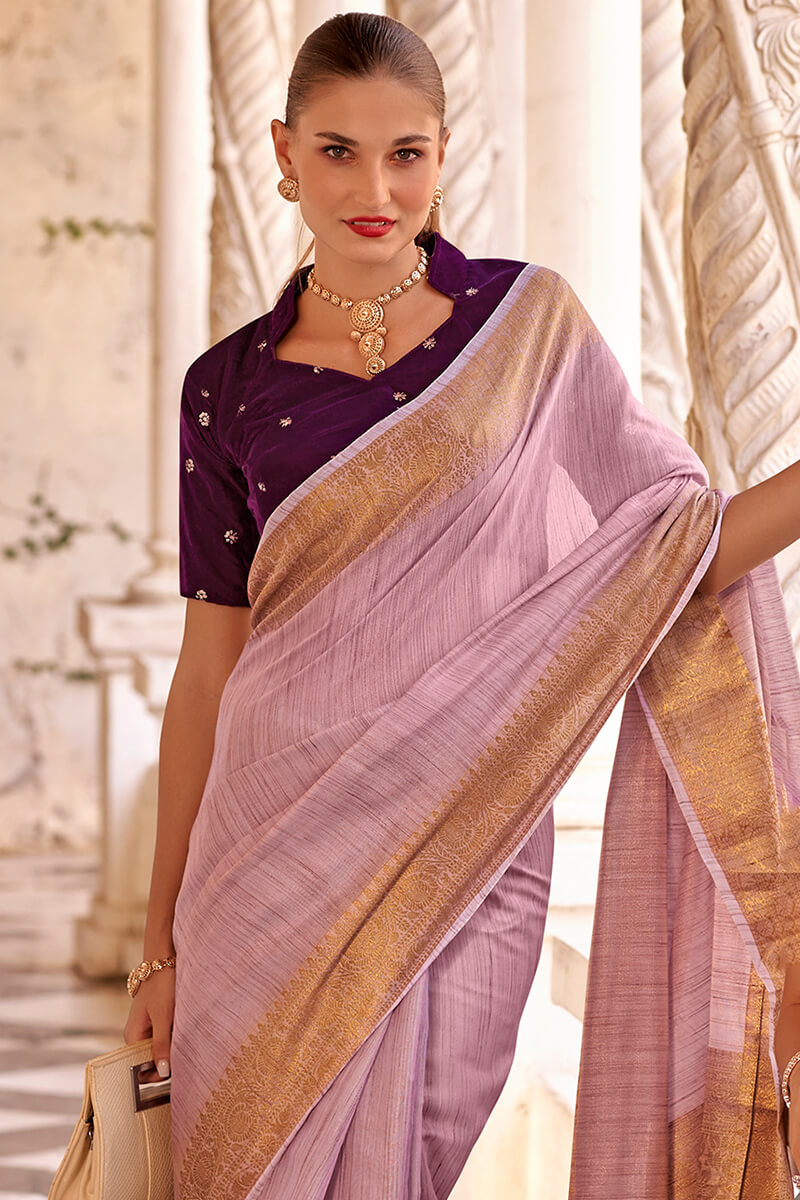 Demanding Lavender Cotton Silk Saree With Groovy Blouse Piece