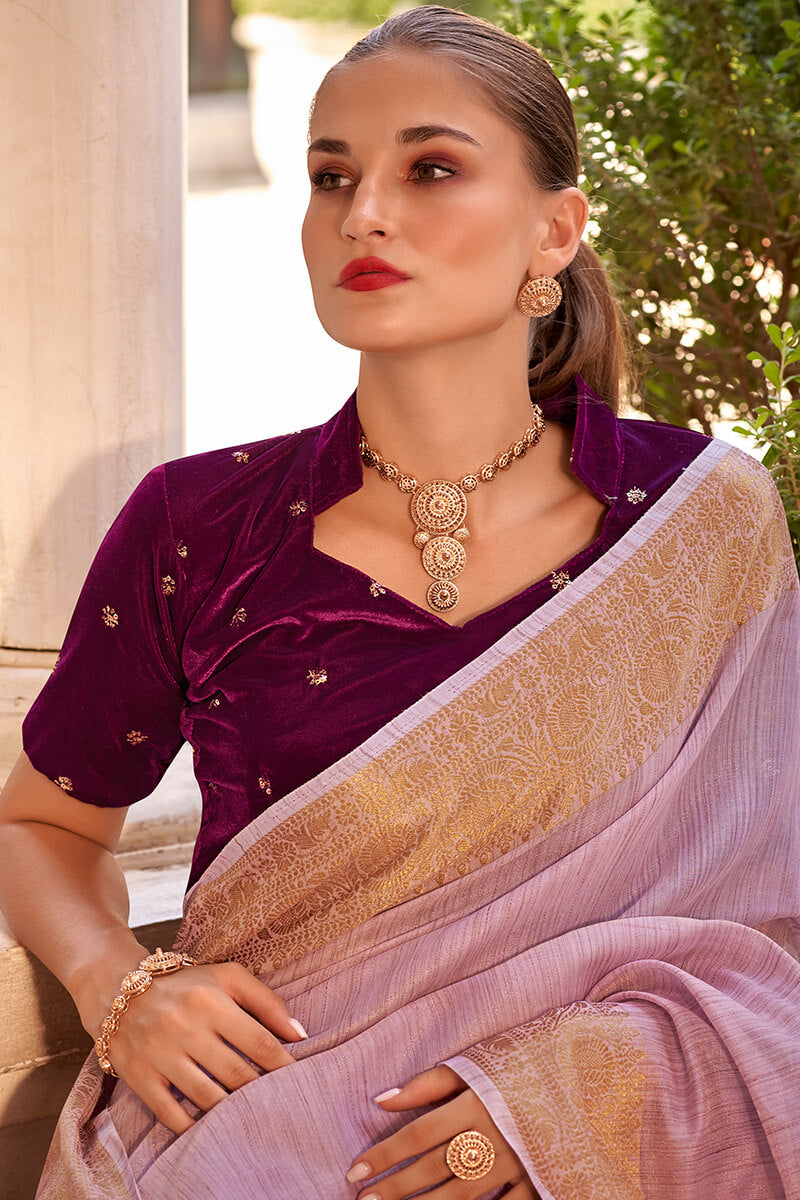 Demanding Lavender Cotton Silk Saree With Groovy Blouse Piece