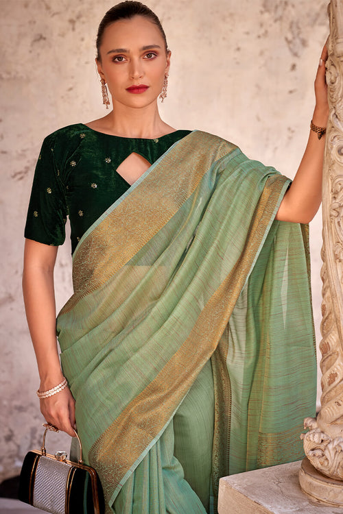 Load image into Gallery viewer, Flamboyant Pista Cotton Silk Saree With Glorious Blouse Piece
