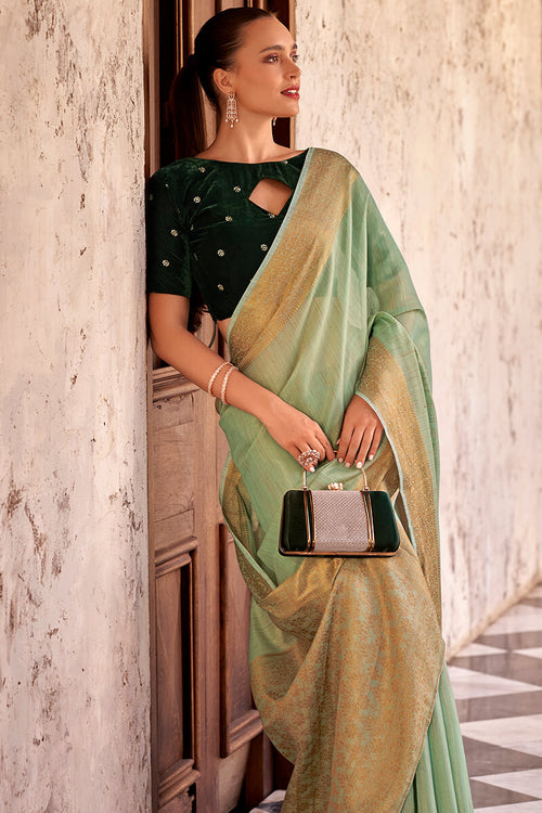 Load image into Gallery viewer, Flamboyant Pista Cotton Silk Saree With Glorious Blouse Piece
