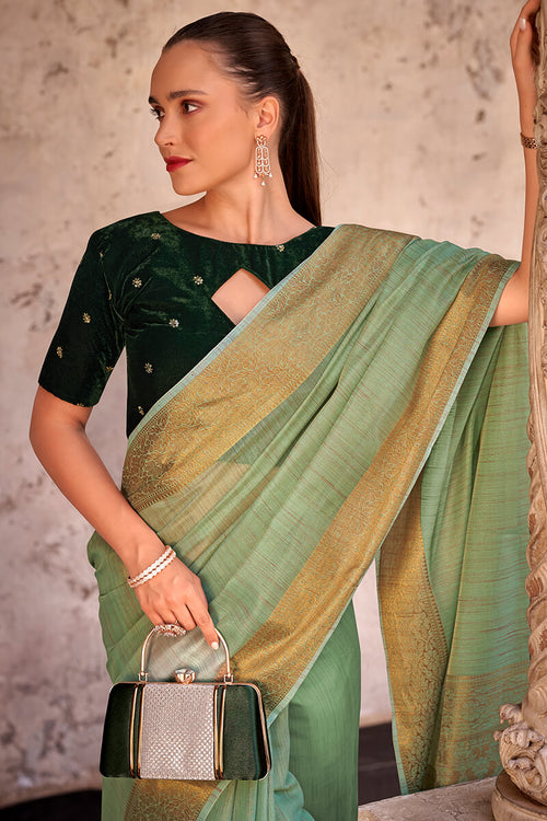 Load image into Gallery viewer, Flamboyant Pista Cotton Silk Saree With Glorious Blouse Piece
