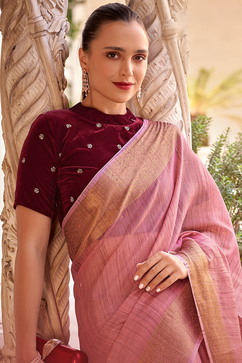 Efflorescence Pink Cotton Silk Saree With Mellifluous Blouse Piece