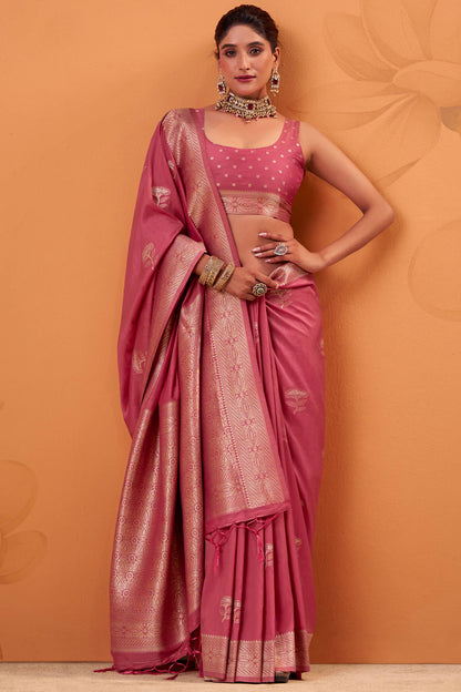 Rhapsodic Pink Banarasi Tussar Silk Saree With Zephyr Blouse Piece