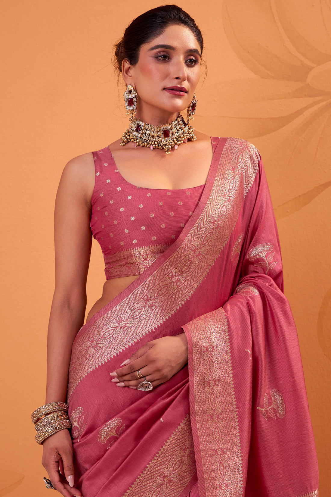 Rhapsodic Pink Banarasi Tussar Silk Saree With Zephyr Blouse Piece