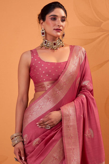 Rhapsodic Pink Banarasi Tussar Silk Saree With Zephyr Blouse Piece