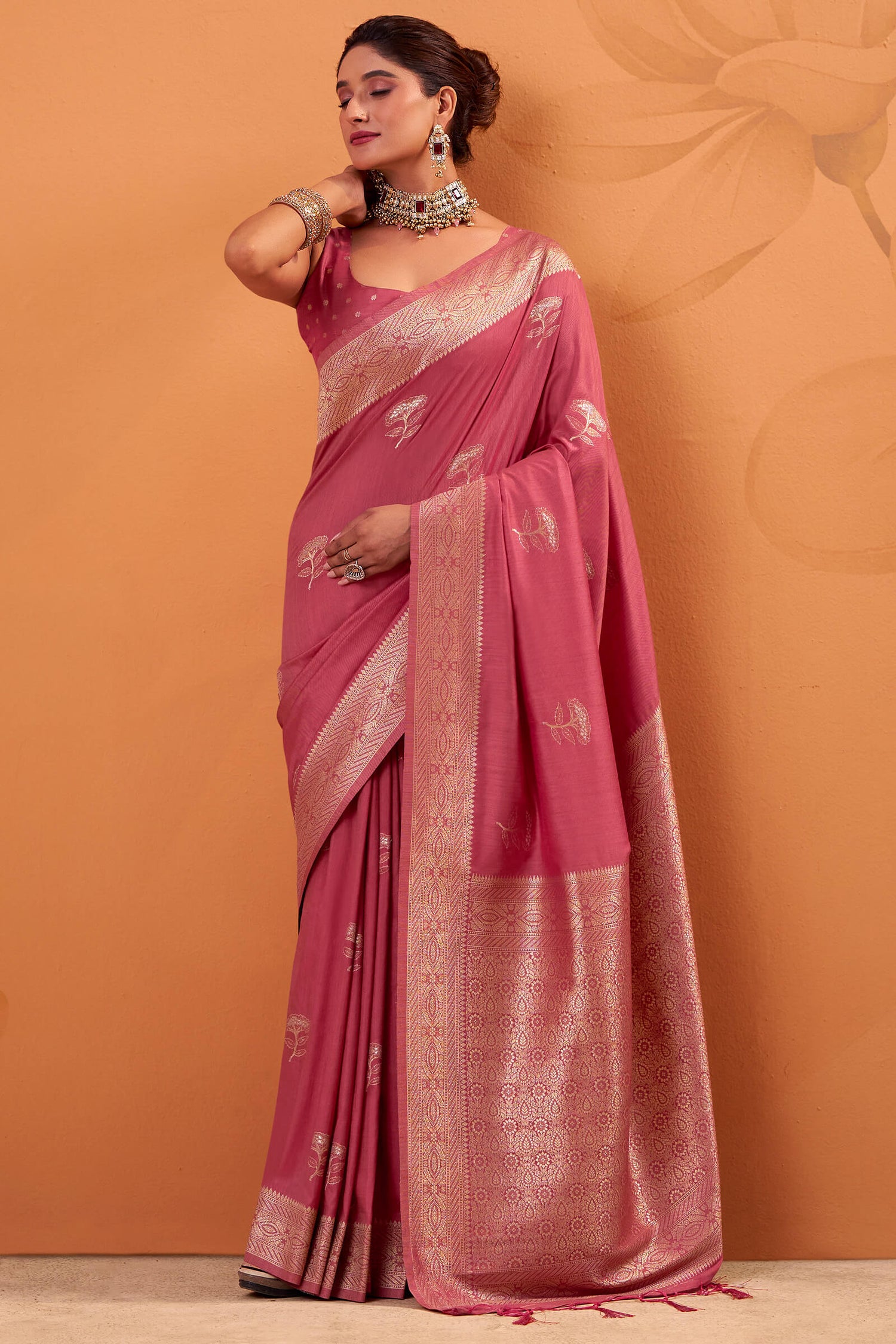 Rhapsodic Pink Banarasi Tussar Silk Saree With Zephyr Blouse Piece