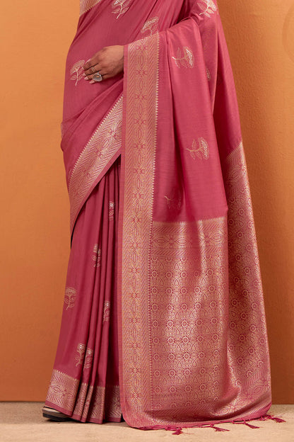 Rhapsodic Pink Banarasi Tussar Silk Saree With Zephyr Blouse Piece